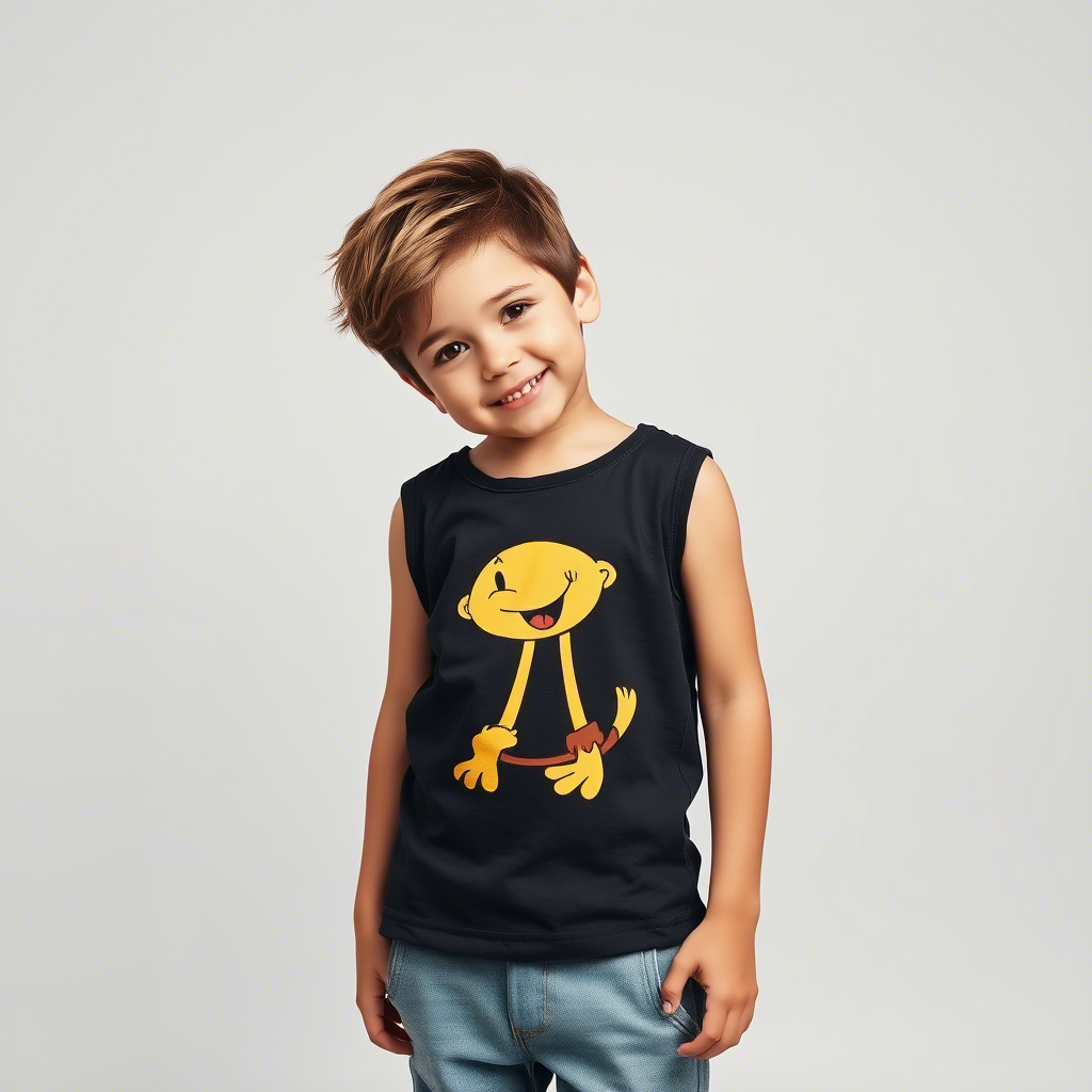 Little boy modeling casual tank top with cartoon design
