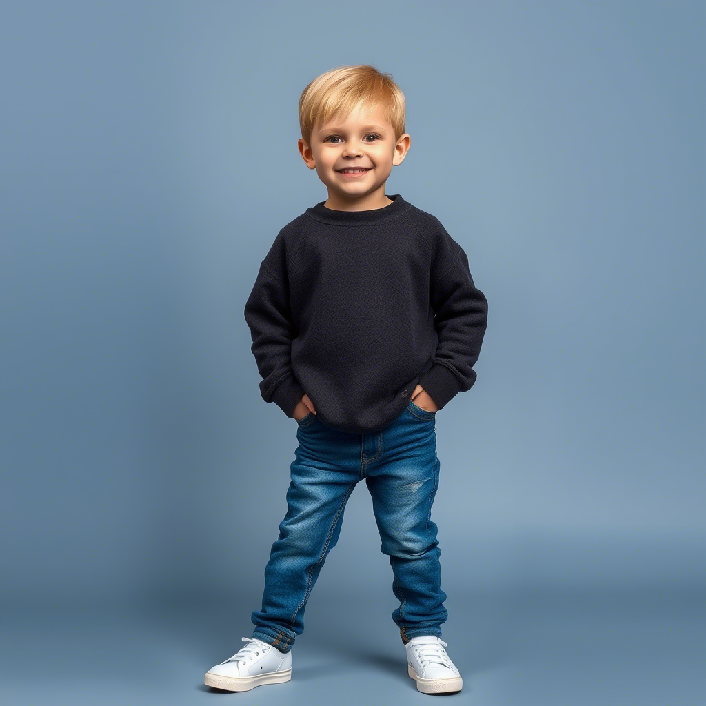 Little boy modeling comfortable kids’ jeans and a cozy oversized sweatshirt