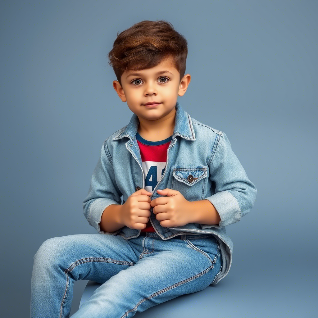 Little boy modeling stylish boys’ jeans for a fashion brand