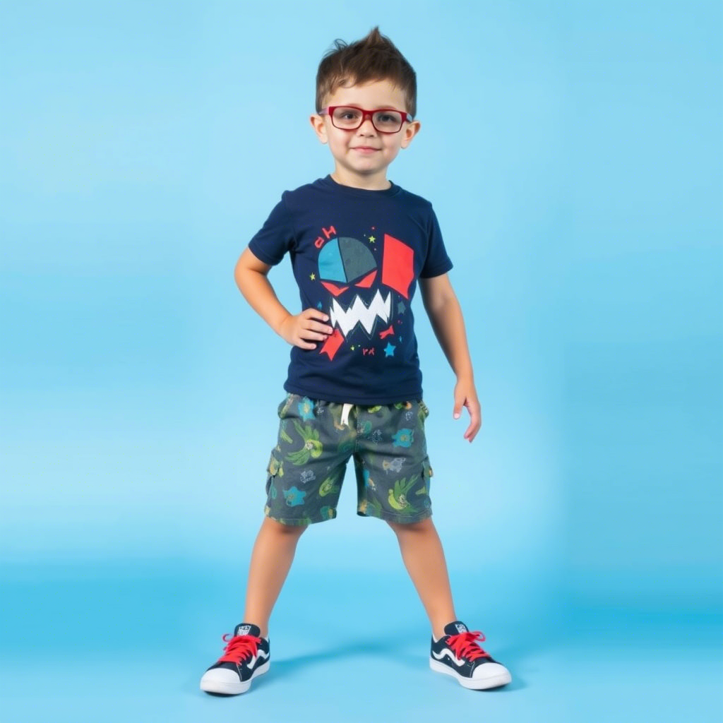 Little boy modeling stylish kids’ shorts with a fun design