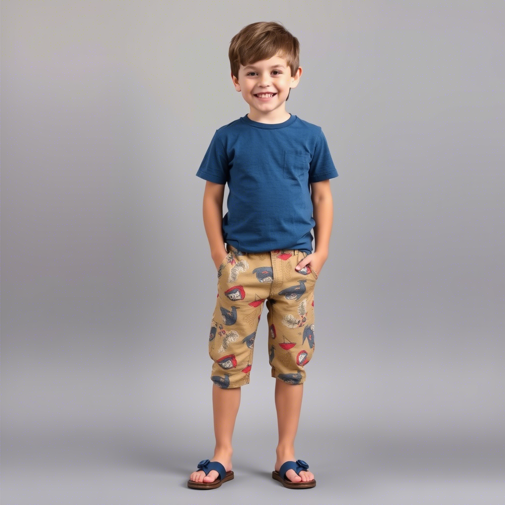 Little boy modeling stylish summer pants with a big smile