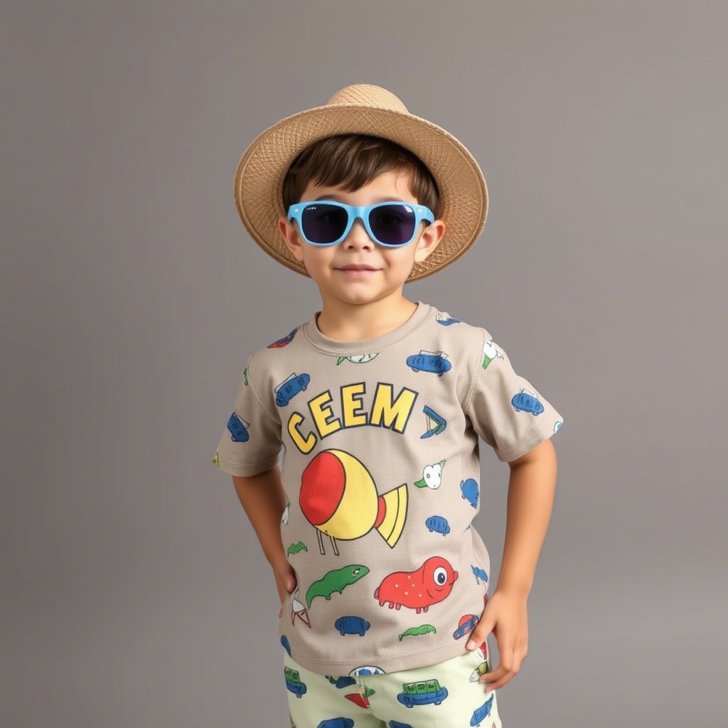 Little boy modeling summer clothing with fun designs