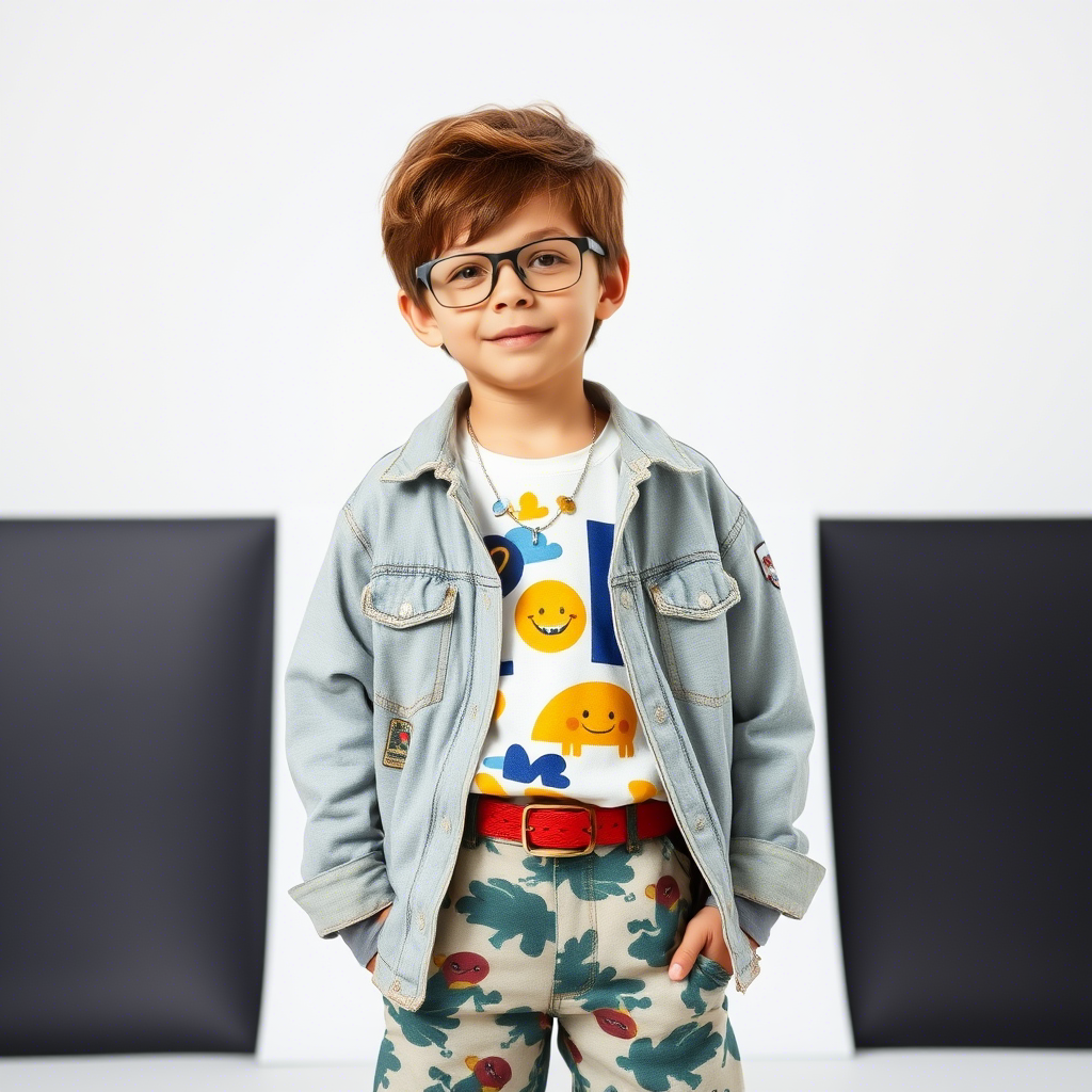 Little boy modeling trendy summer clothing in a studio