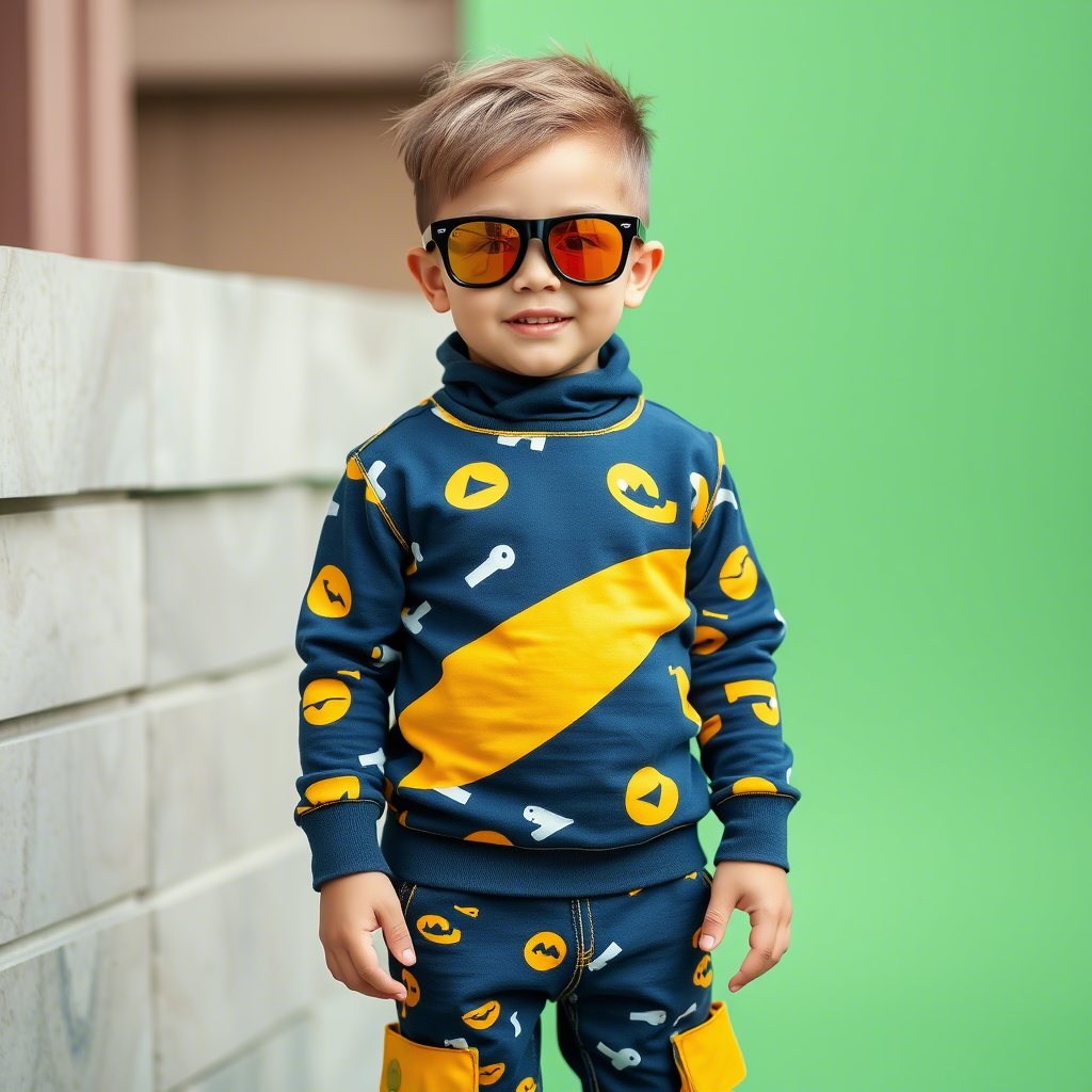 Little boy modeling trendy toddler apparel with bold colors and patterns