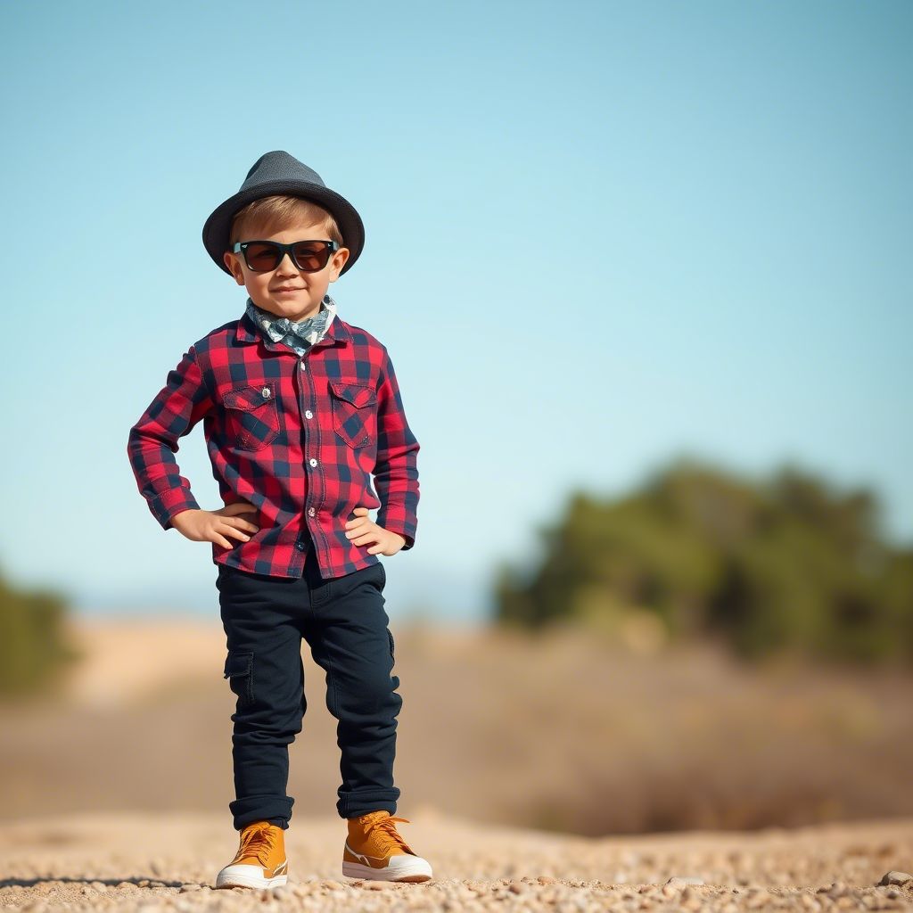 Little boy modeling wholesale kids clothing with fun accessories