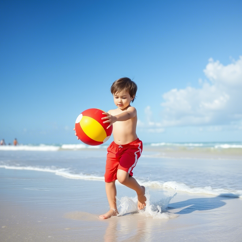 Little boy playing with beach ball in bright red swim shorts