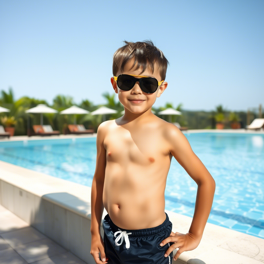 Little boy posing in stylish swimwear by the pool