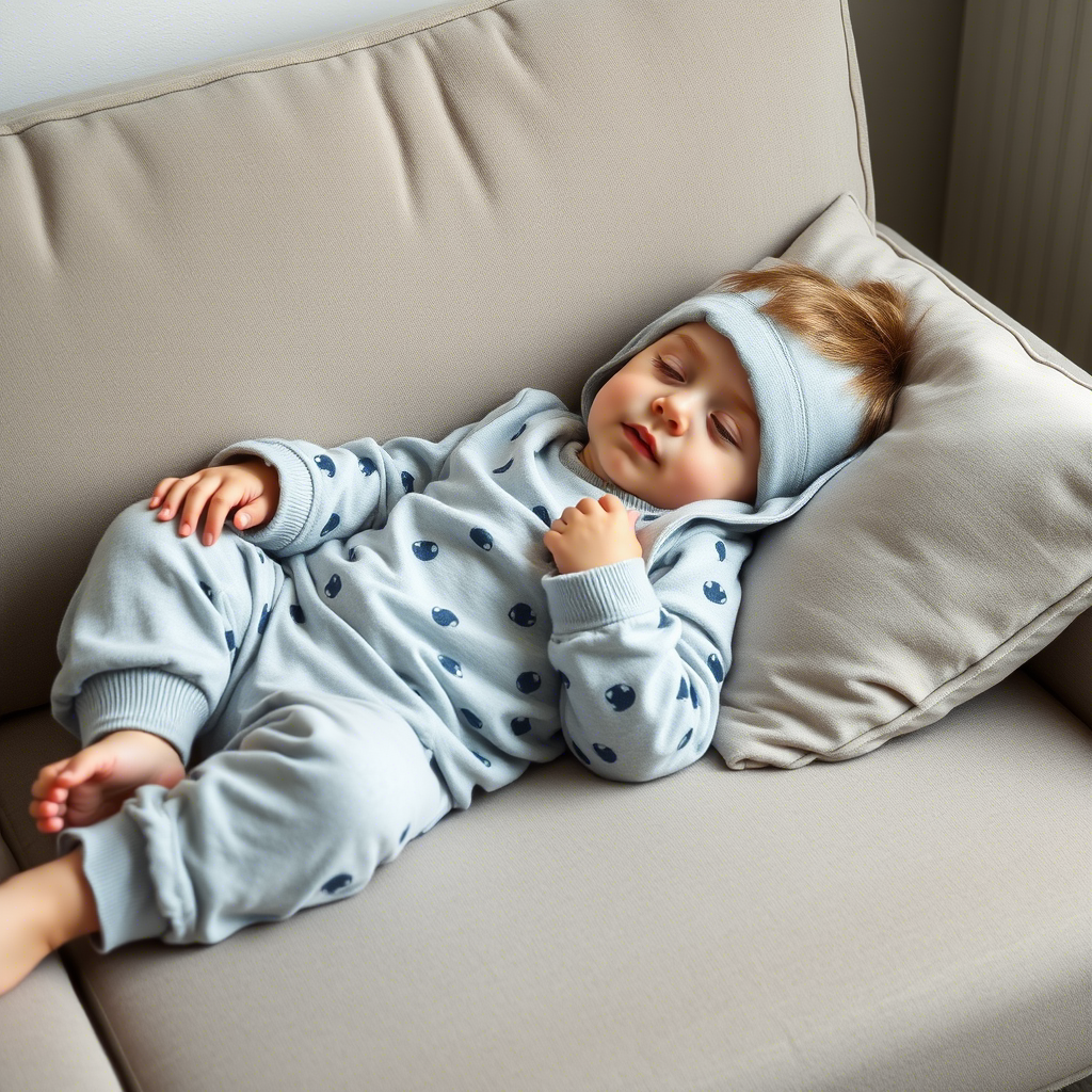Little boy relaxing in comfortable sleepwear on a plush couch