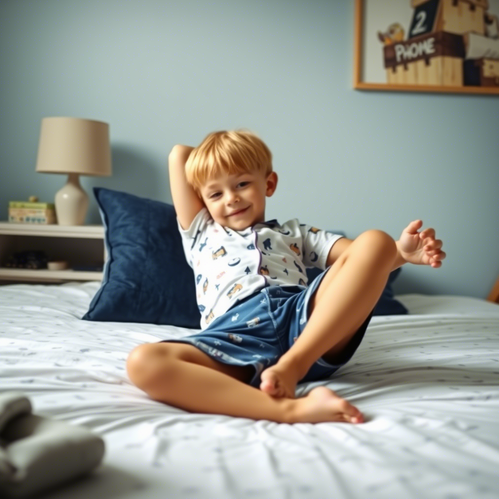 Little boy relaxing in comfy shorts pajamas at home