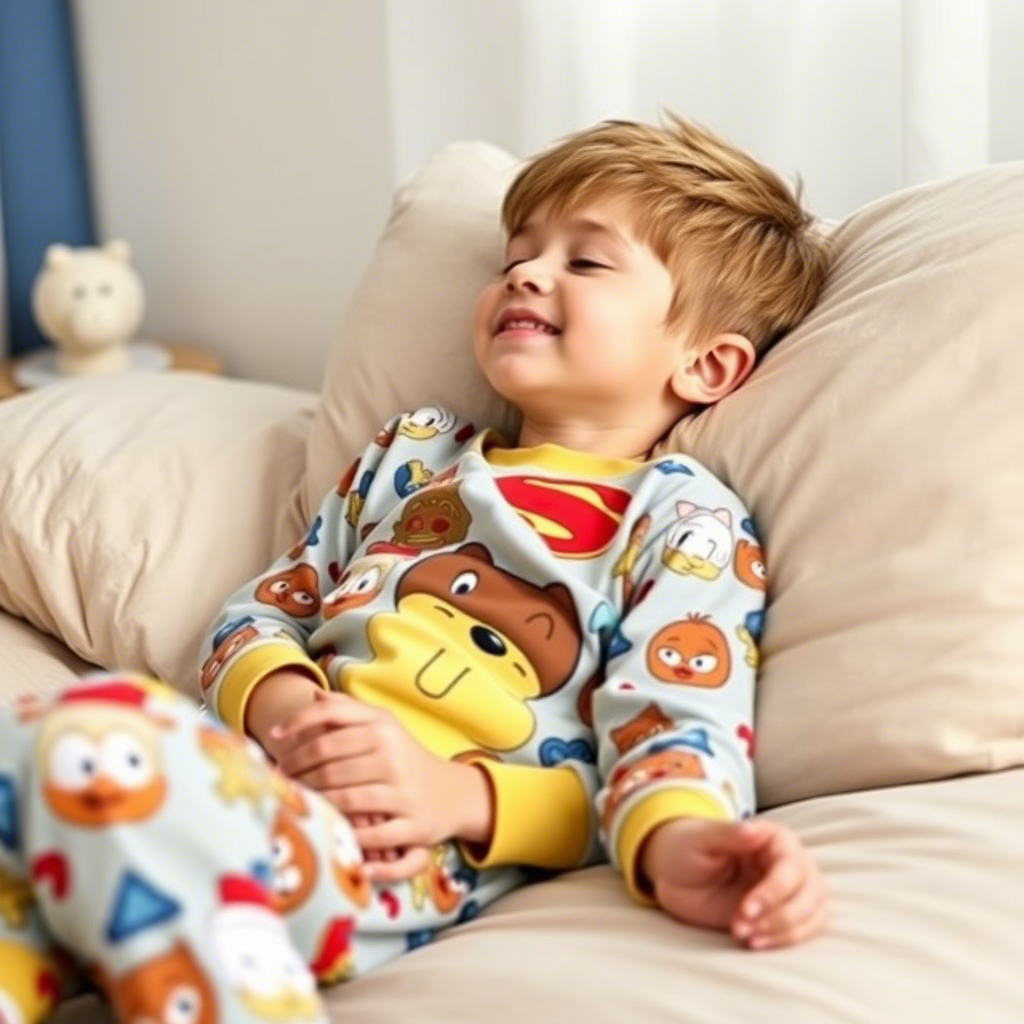 Little boy relaxing in cozy cartoon character themed pajama set at home