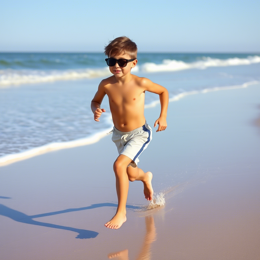 Little boy running on the beach in lightweight shorts and sunglasses