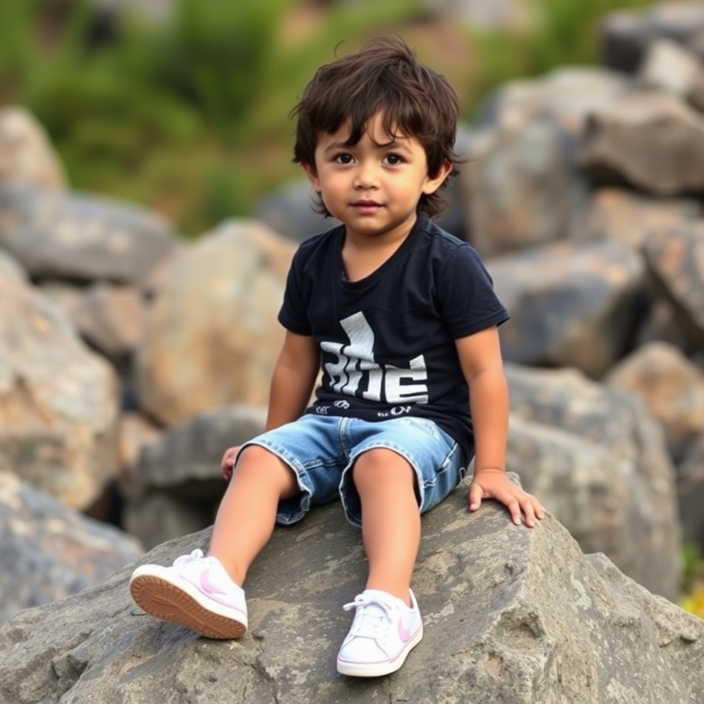 Little boy sitting on a rock wearing denim shorts and a casual top