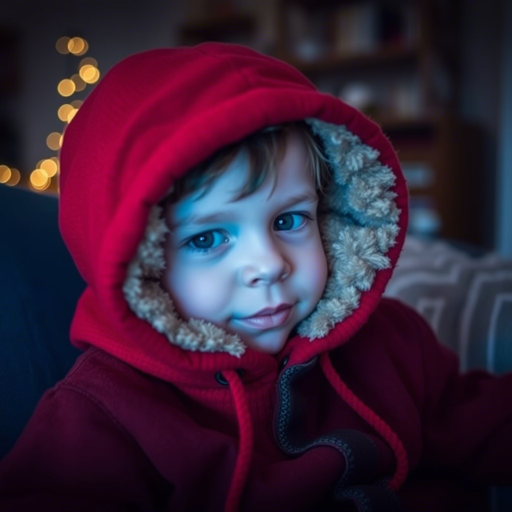 Little boy snuggled up in cozy winter hoodie indoors