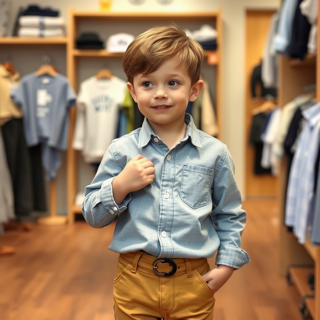 Little boy trying on a casual button-down shirt in a kid’s clothing boutique
