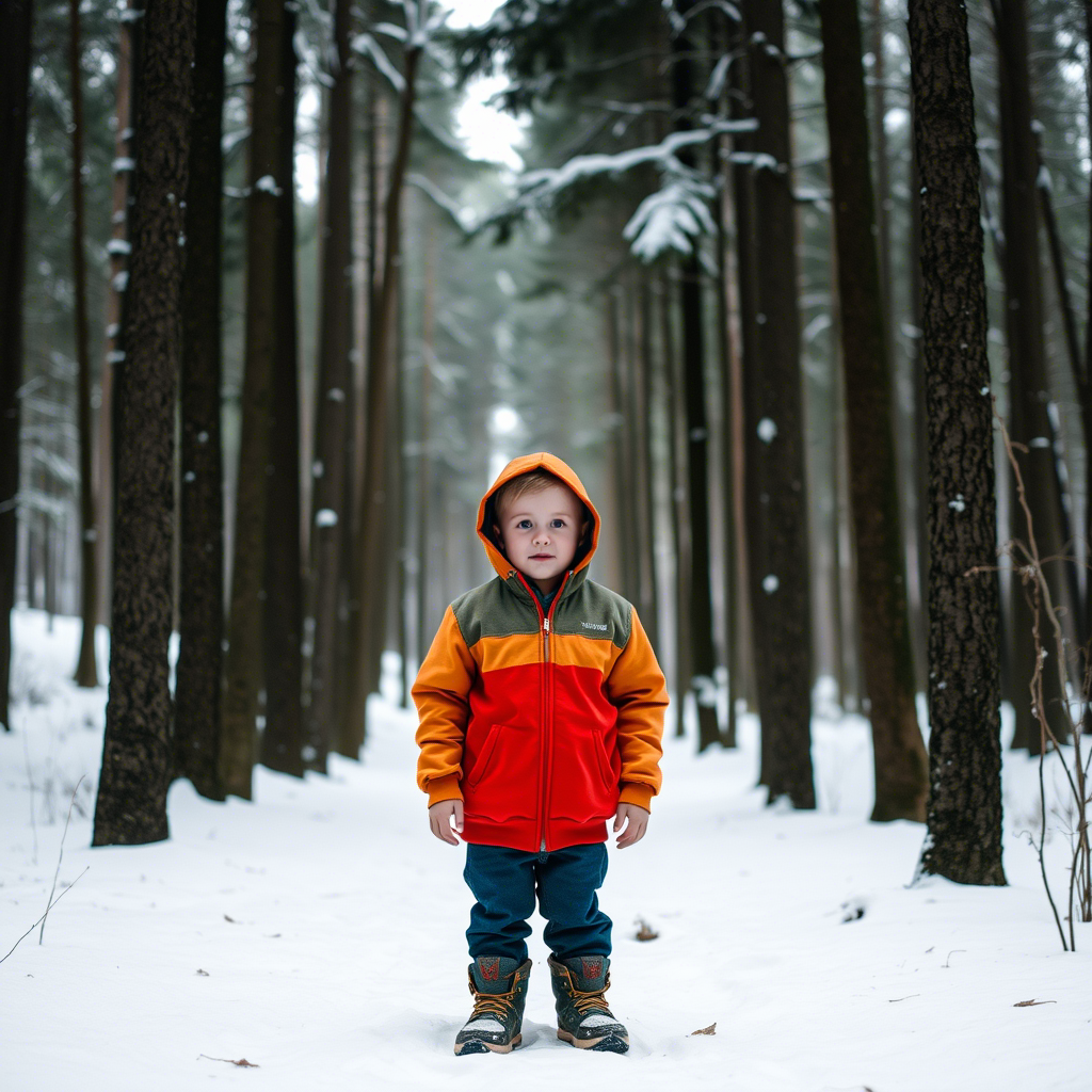 Little boy wearing a hoodie, standing in snowy forest
