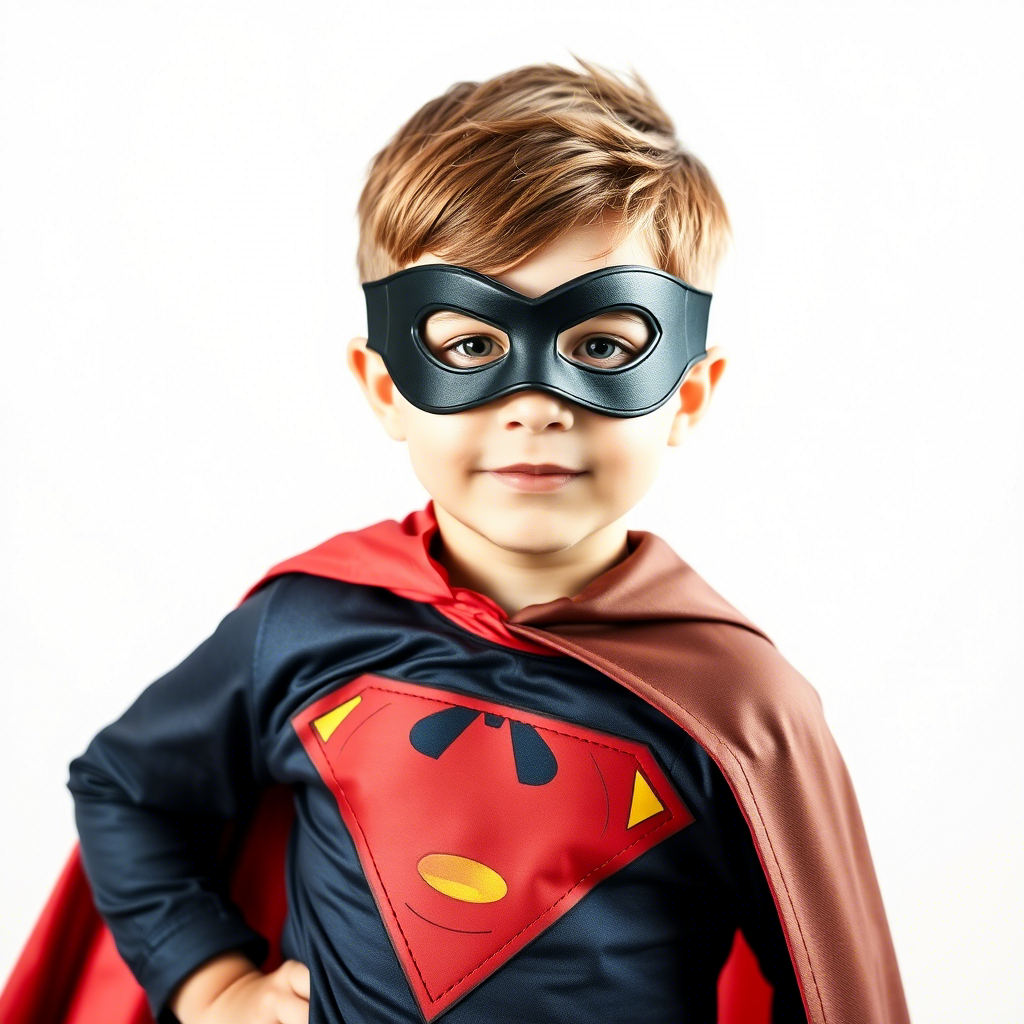 Little boy wearing a superhero costume with a cape and mask
