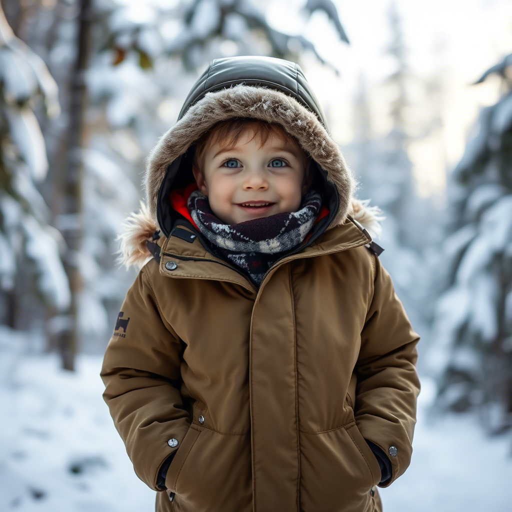 Little boy wearing a warm outerwear in snowy forest