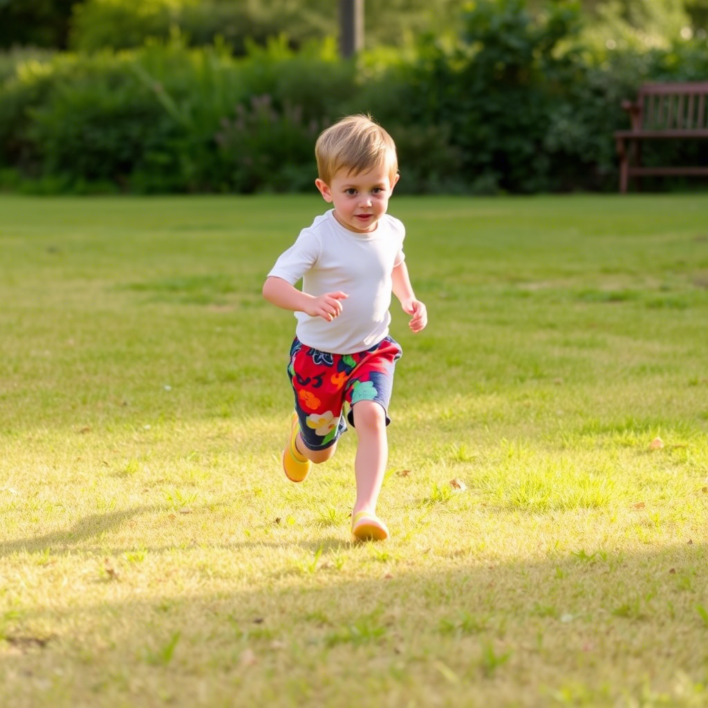 Little boy wearing colorful shorts and running on the grass