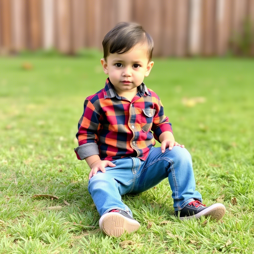 Little boy wearing comfortable jeans and a casual shirt