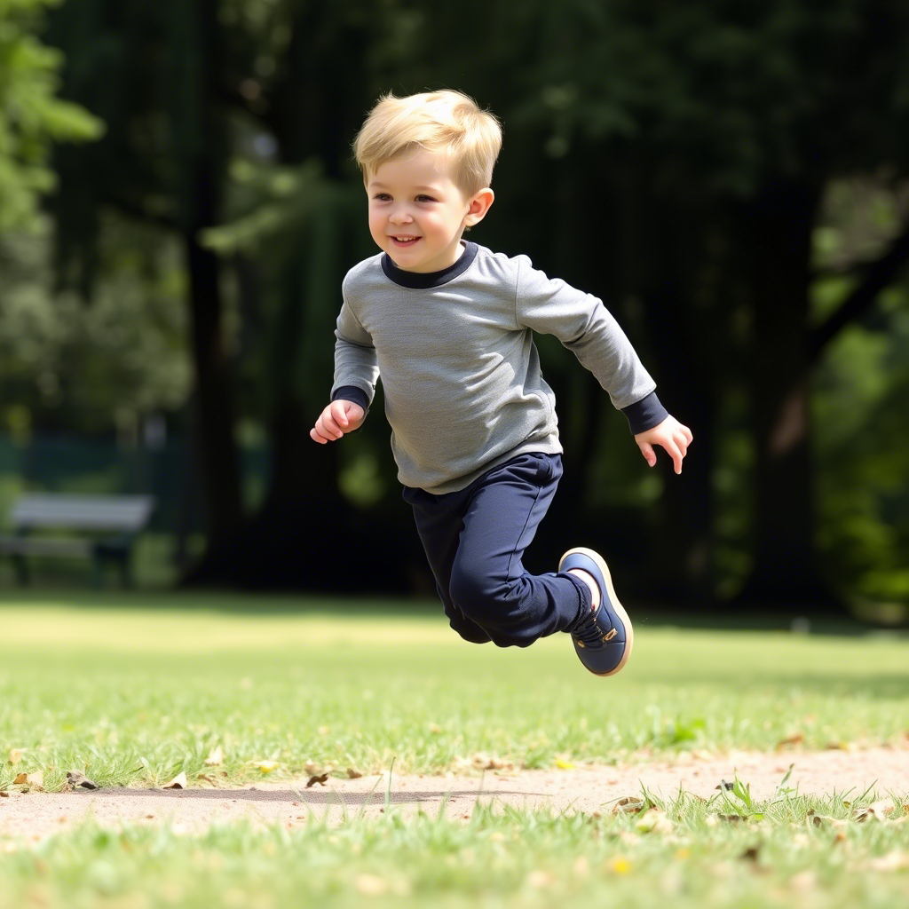 Little boy wearing comfortable pants running in the park