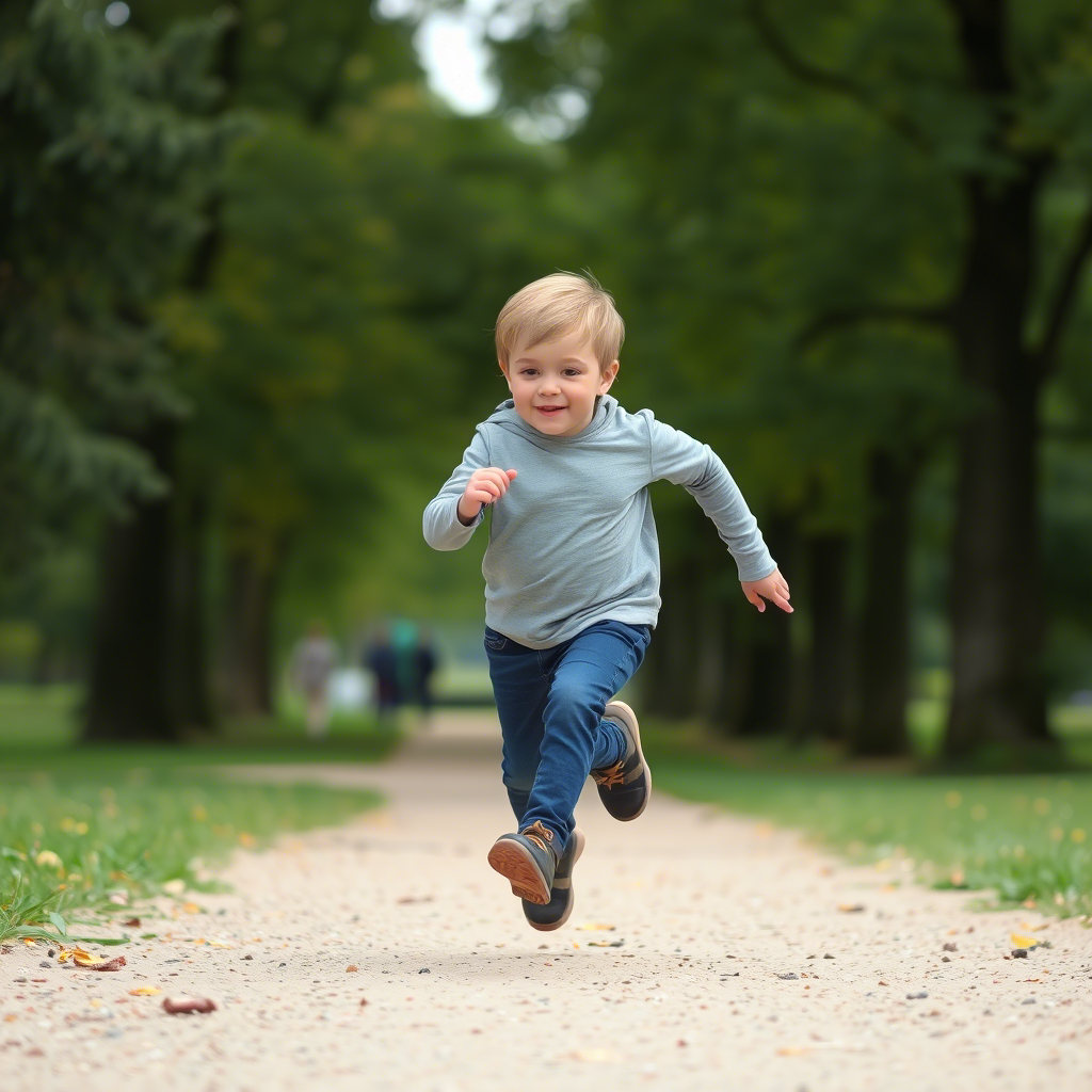 Little boy wearing comfy jeans and leggings, running freely in the park