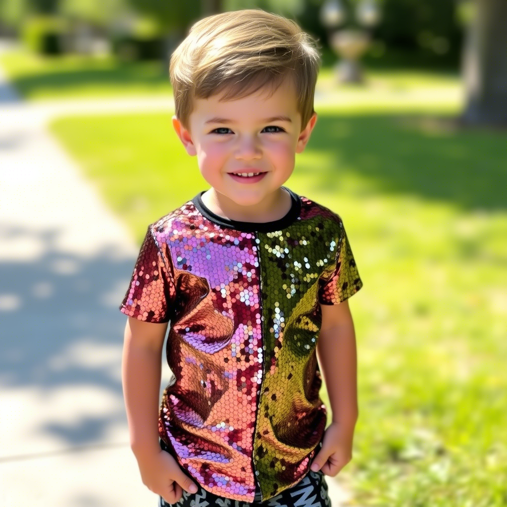 Little boy wearing shiny sequined shirt and shorts outdoors