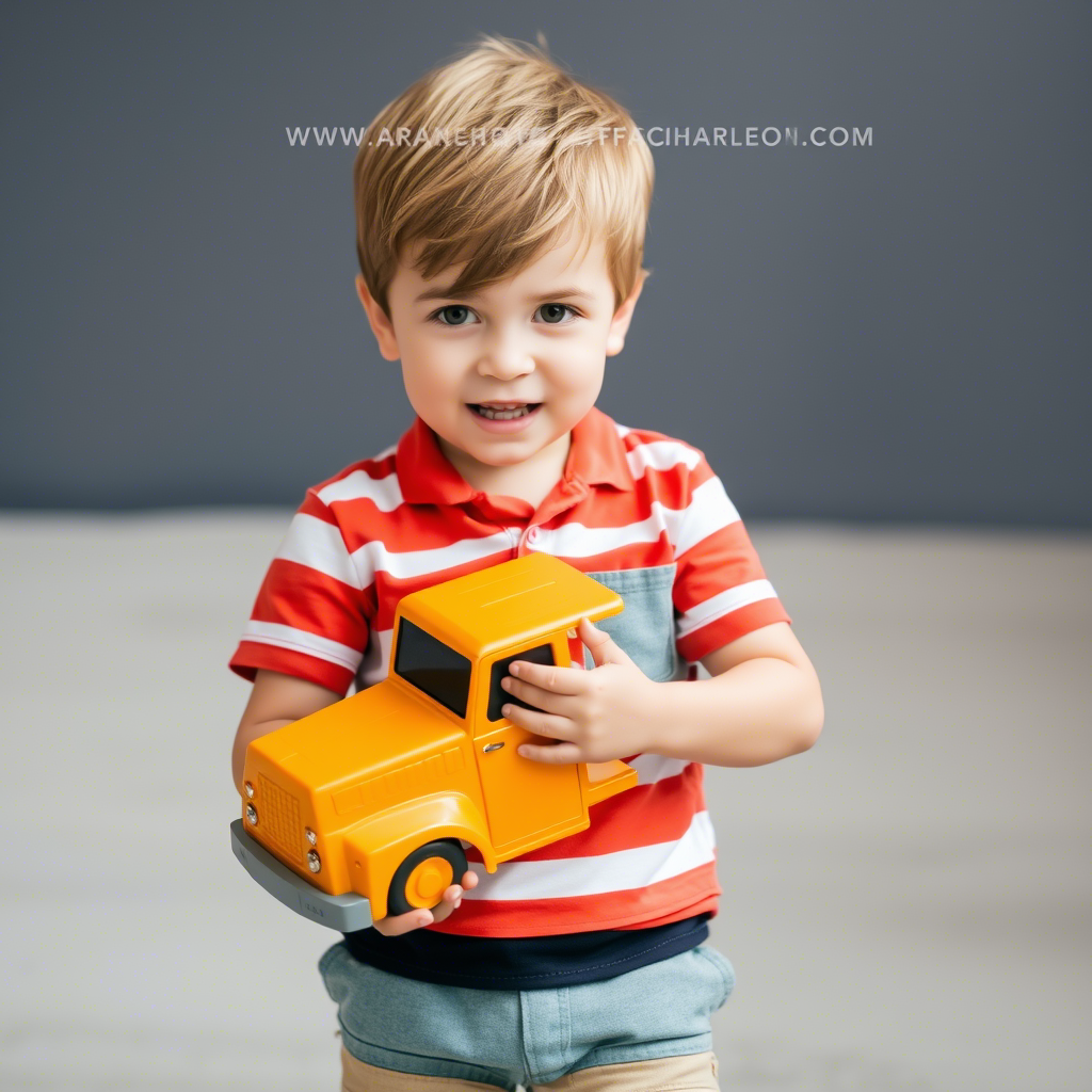 Little boy wearing striped shirt and shorts, holding a toy truck
