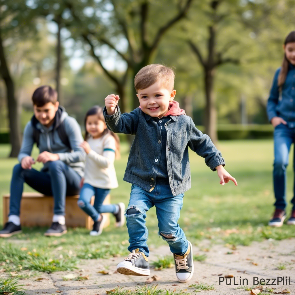 Little boy wearing stylish casual clothes playing with friends in park