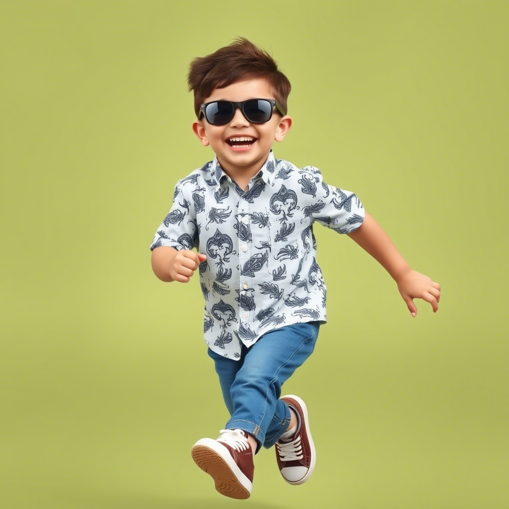 Little boy wearing stylish kids clothing, laughing and running