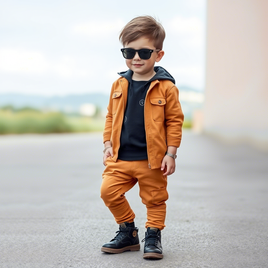 Little boy wearing stylish kids clothing set outdoors