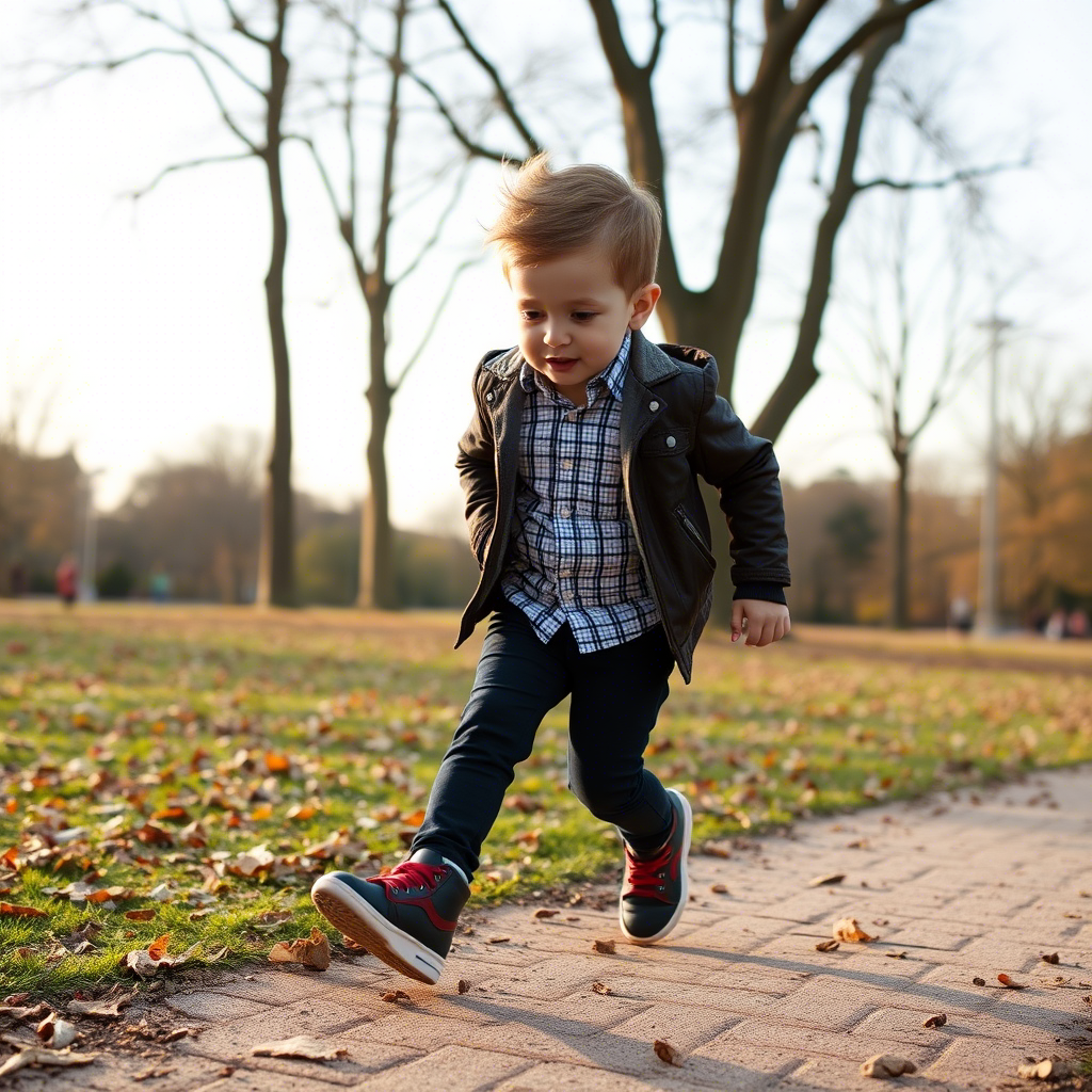 Little boy wearing stylish toddler clothing, running in a park