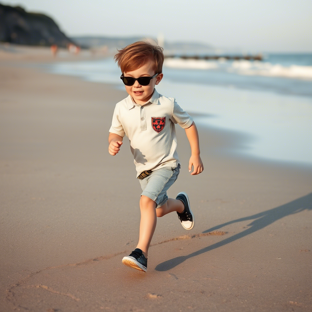 Little boy wearing stylish toddler clothing, running on the beach