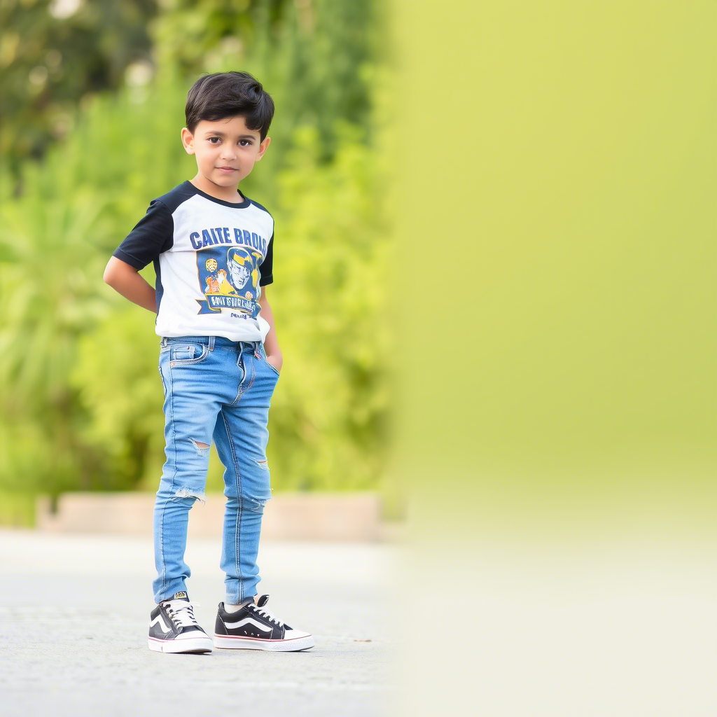 Little boy wearing trendy jeans and sneakers outdoors