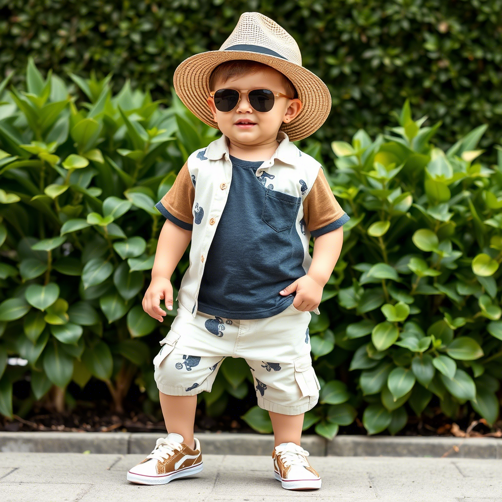 Little boy wearing trendy toddler boy outfit with hat and sunglasses for summer