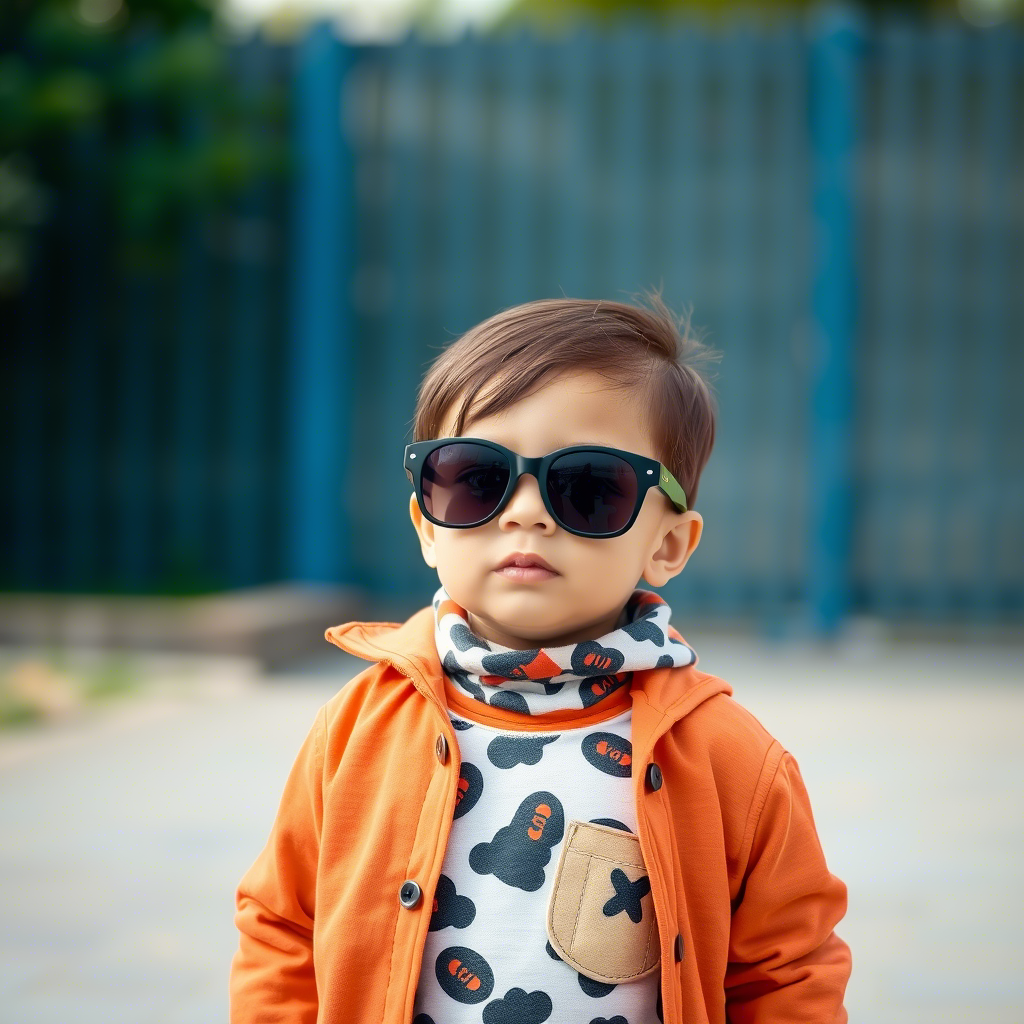 Little boy wearing trendy toddler clothes and sunglasses outside