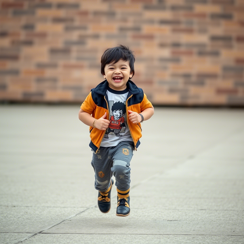 Little boy wearing trendy toddler clothing, laughing and running