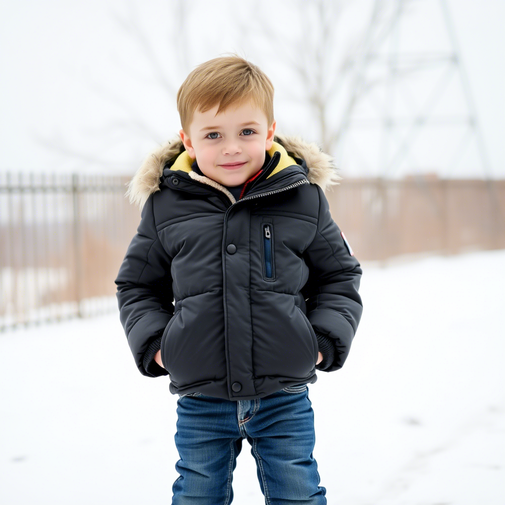 Little boy wearing trendy winter jacket and jeans on snowy day