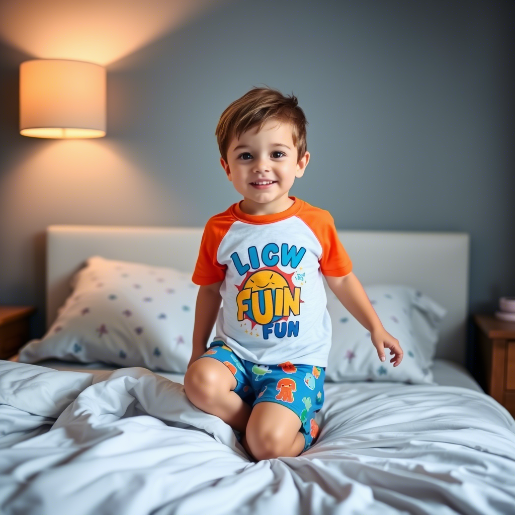 Little boy wearing vibrant sleep shorts and a fun graphic tee for bedtime