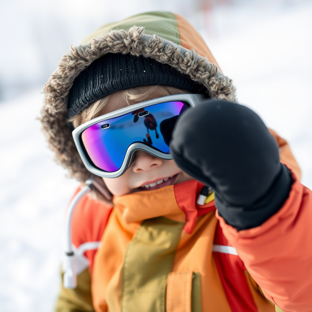 Little boy wearing warm hoodie and mittens on ski slope