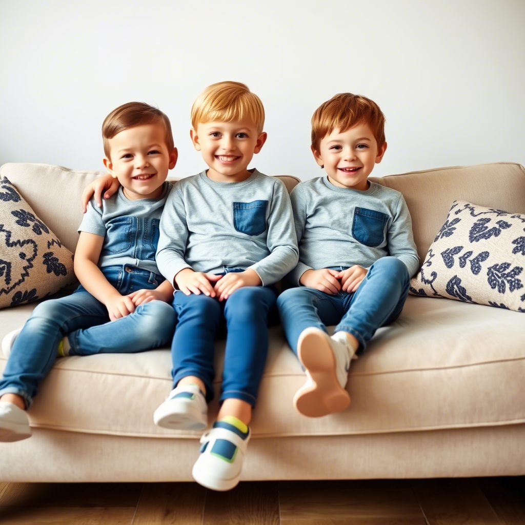 Little boy and girl sitting on a couch, wearing matching jeans and leggings