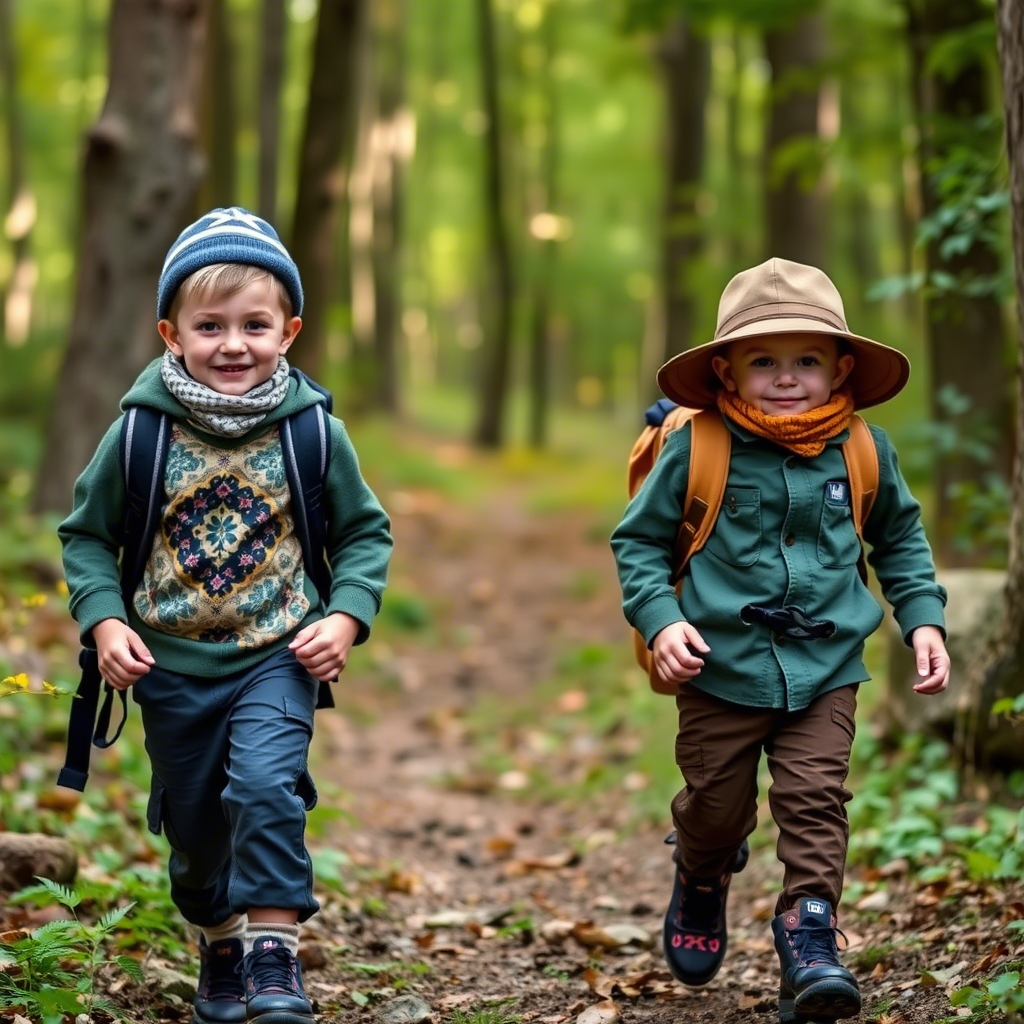 Little boy dressed in a trendy outdoor set hiking in the woods