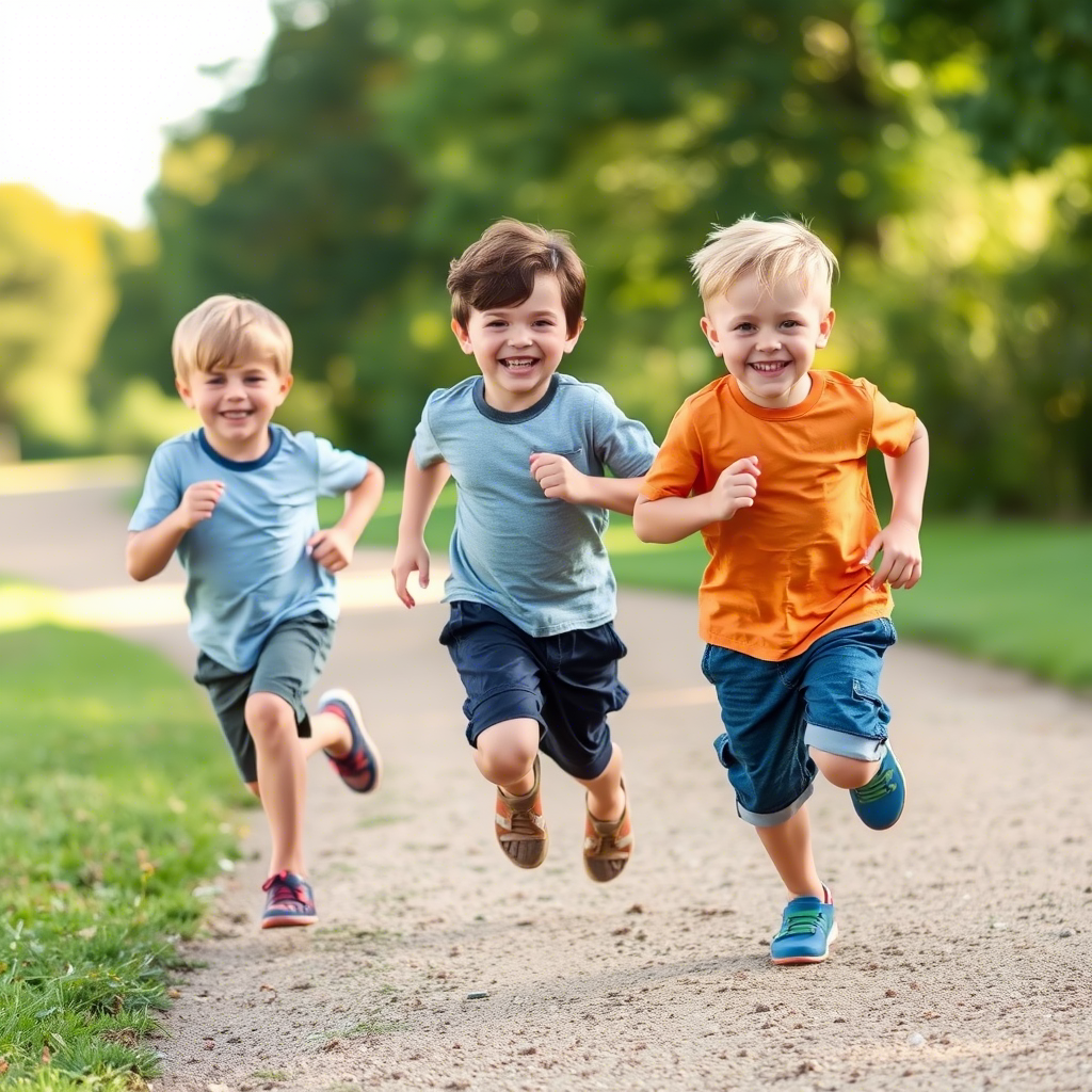 Little boy happily running in comfortable kids clothing shorts outdoors