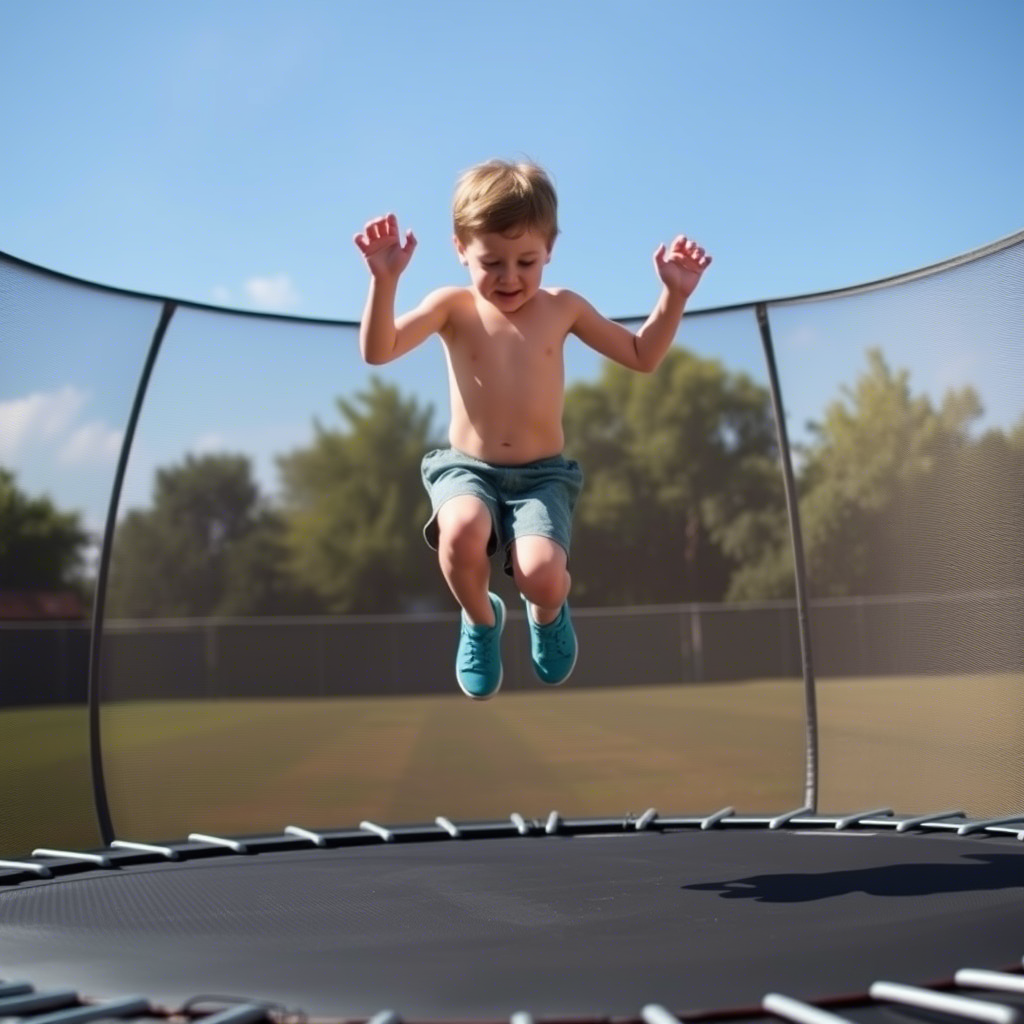 Little boy in sporty shorts jumping on a trampoline