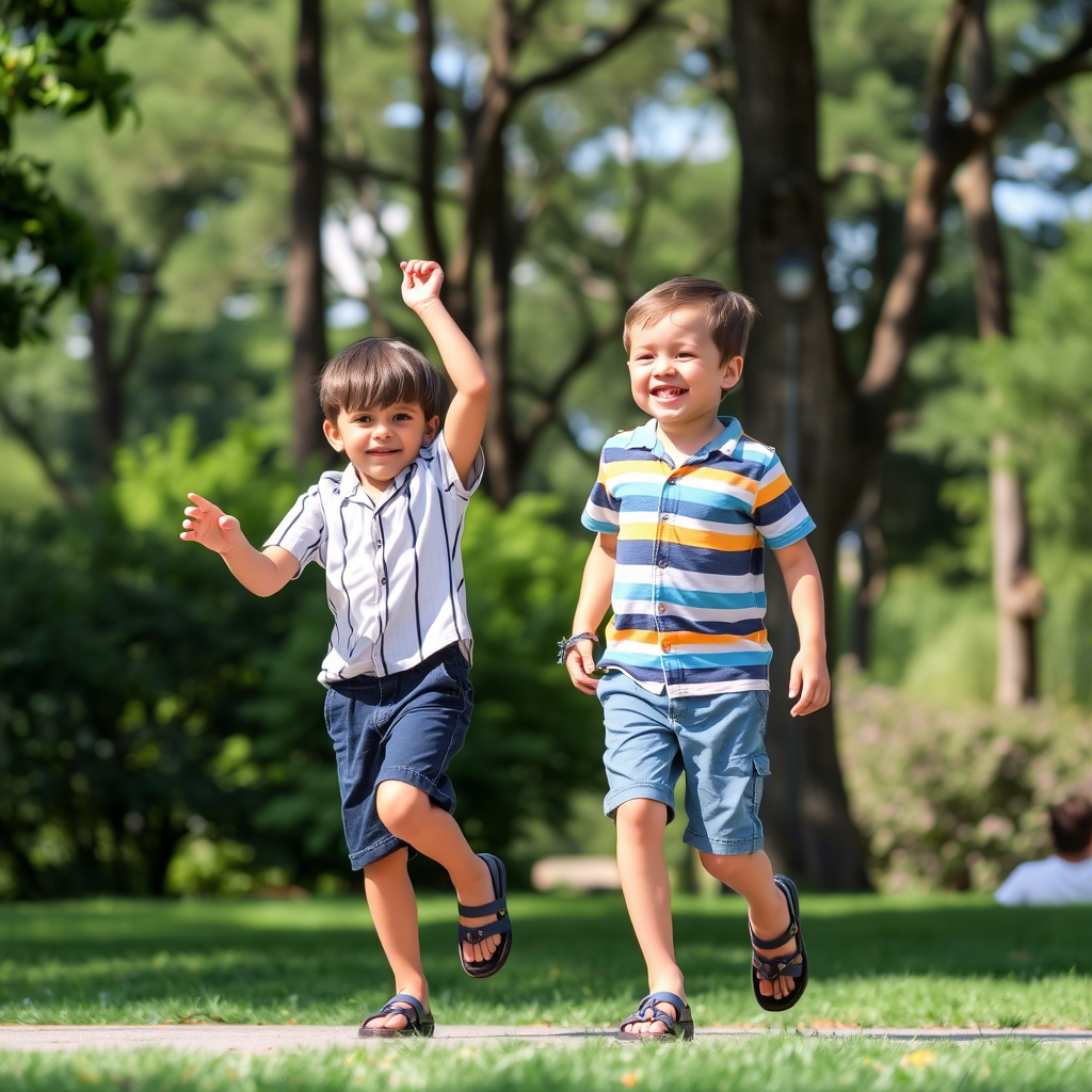 Little boy in striped shirt and shorts having fun in park