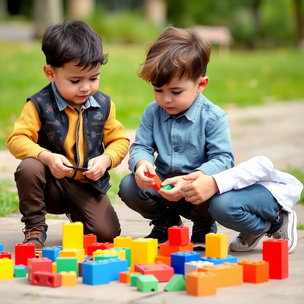 Little boy in trendy kids outfit playing with blocks outdoors