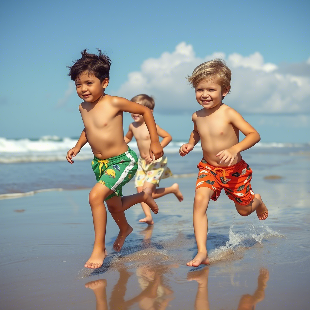 Little boys in various shorts designs running on the beach