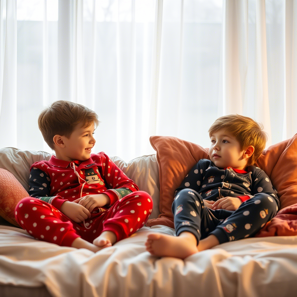 Little boys lounging in cozy pajamas on a lazy morning