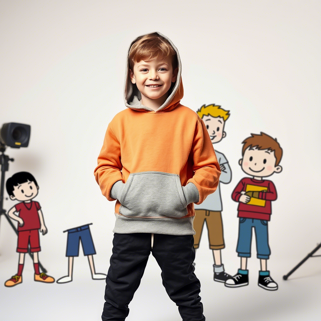 Little boy modeling a trendy hoodie with cartoon characters, posing in a studio