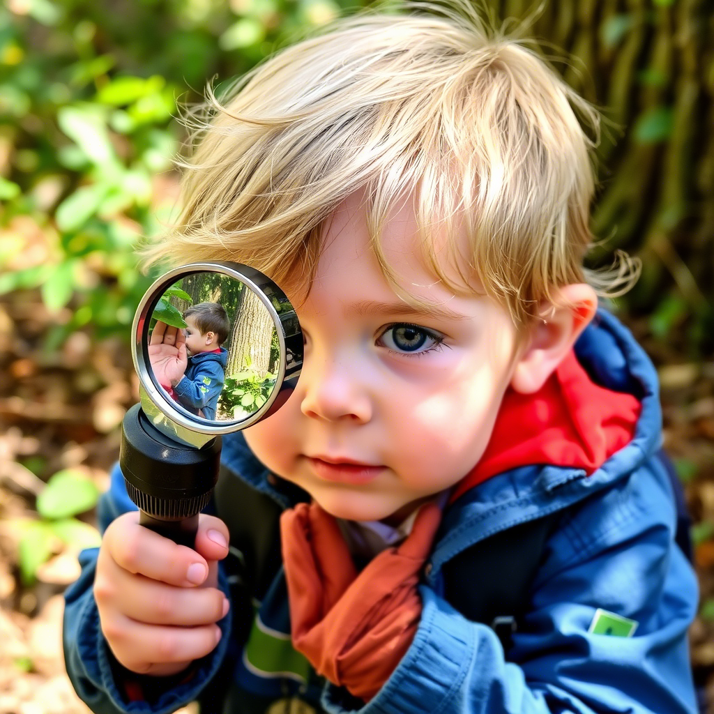 Little explorer holding magnifying glass, examining surroundings closely