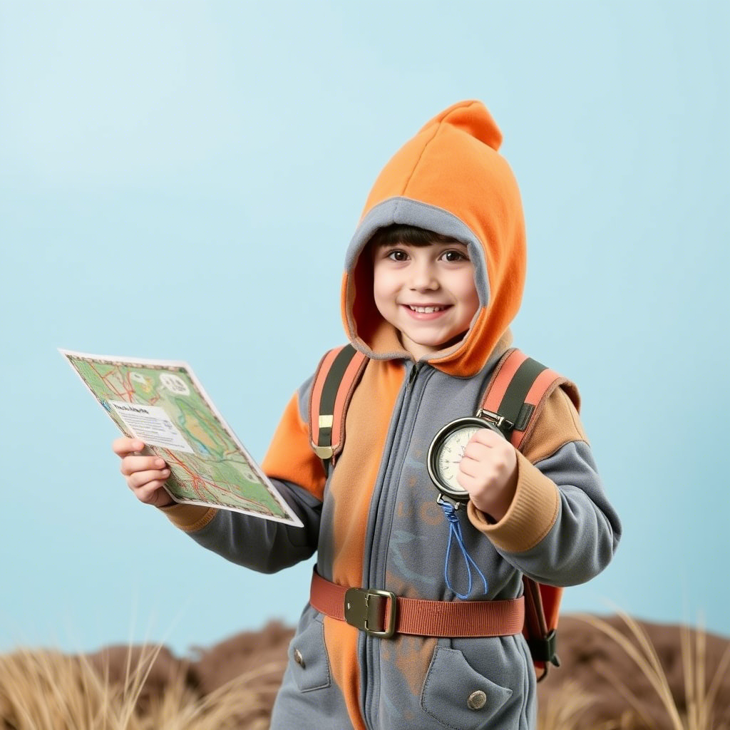 Little explorer in onesie holding a toy map and compass